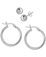 Essentials 2-Pc. Set Ball Stud Earrings & Polished Hoop Earrings in Silver Plate
