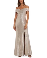 Nightway Cold-Shoulder Foil Gown