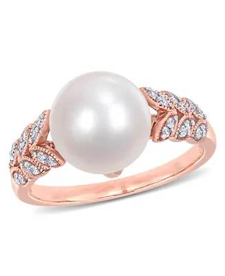 Freshwater Cultured Pearl (9.5-10mm) and Diamond (1/6 ct. t.w.) Leaf Ring 10k Rose Gold