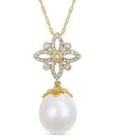 South Sea Cultured Pearl (11-12mm) and Diamond (1/4 ct. t.w.) Floral Drop 17" Necklace in 14k Yellow Gold