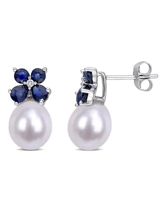 Freshwater Cultured Pearl (8-8.5mm), Sapphire (1 1/4 ct. t.w.) and Diamond Accent Earrings in 10k White Gold