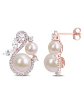 Freshwater Cultured Pearl, White Topaz (1 1/8 ct. t.w.) and Diamond (1/3 ct. t.w.) Swan Earrings in 10k Rose Gold