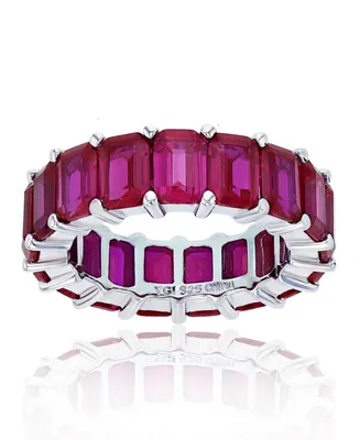 Red Emerald Cut Cubic Zirconia Eternity Band in Rhodium Plated Sterling Silver