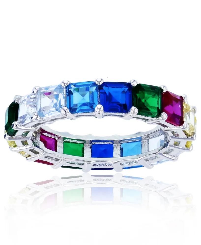 Rainbow Princess Cut Cubic Zirconia Eternity Band Rhodium Plated Sterling Silver