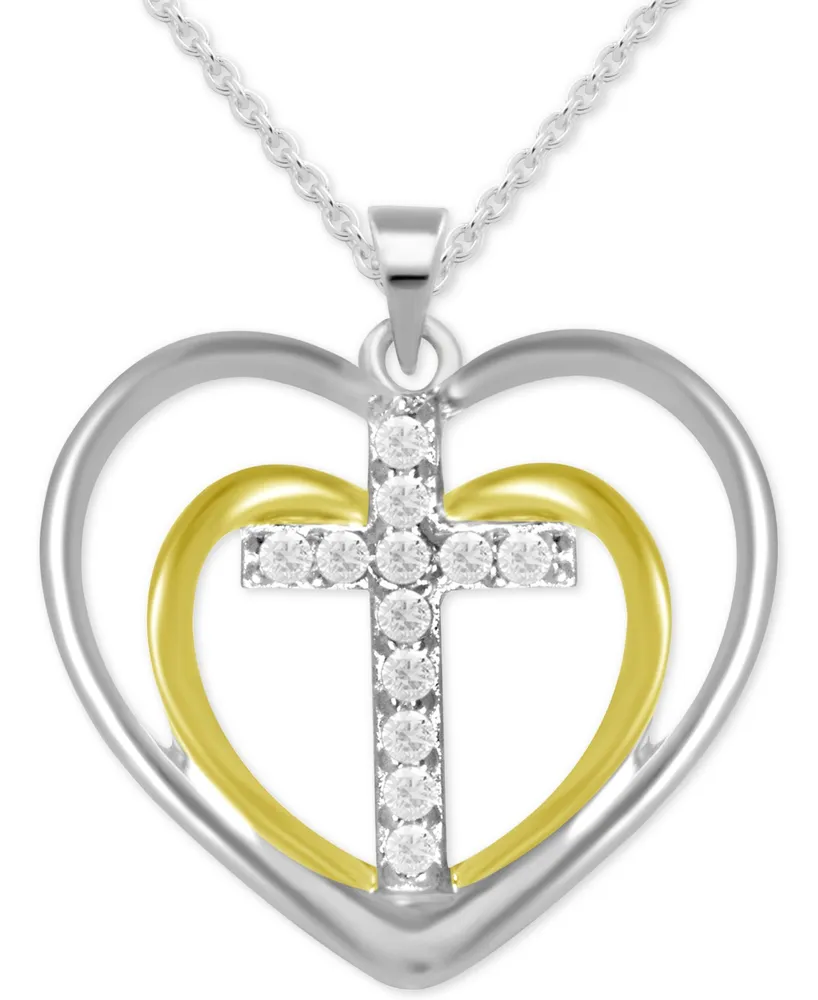 Diamond Double Heart Cross Pendant Necklace (1/10 ct. t.w.) in Sterling Silver & 14k Gold-plated Sterling Silver