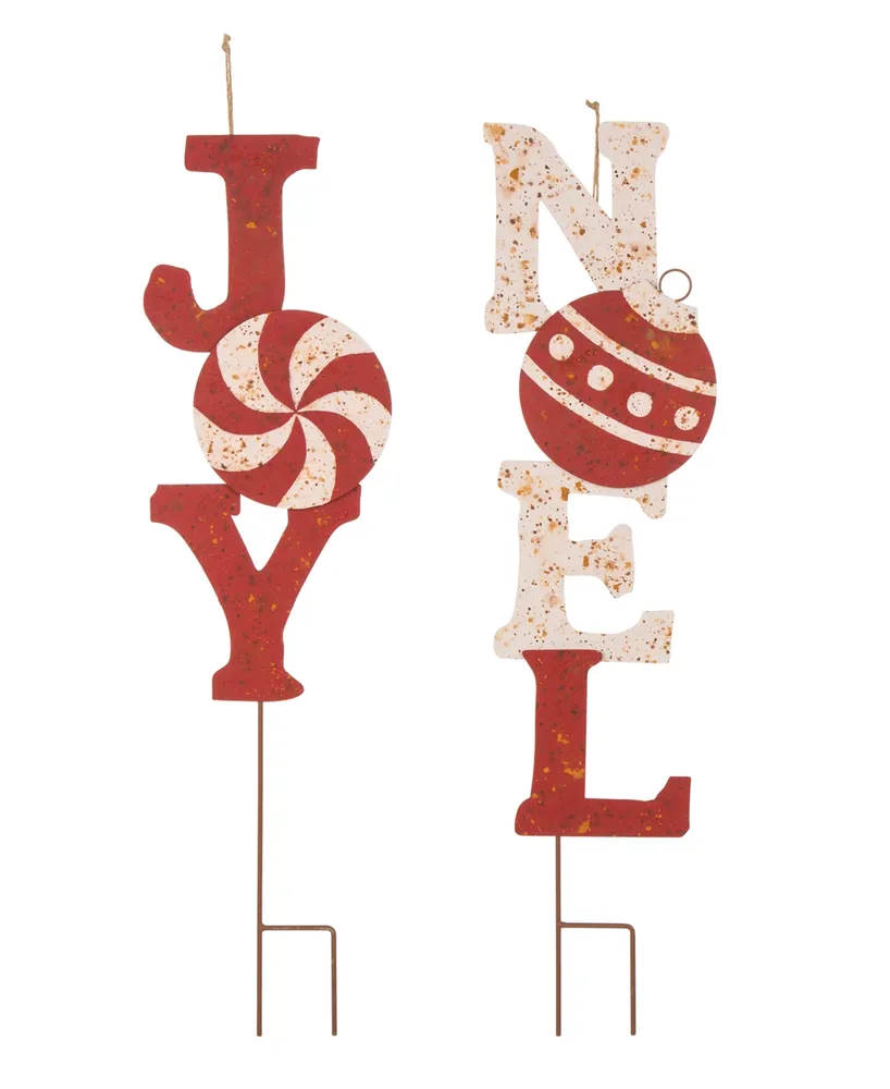 Glitzhome Rusty Metal Joy Noel Yard Stake or Wall Decor Set of 2