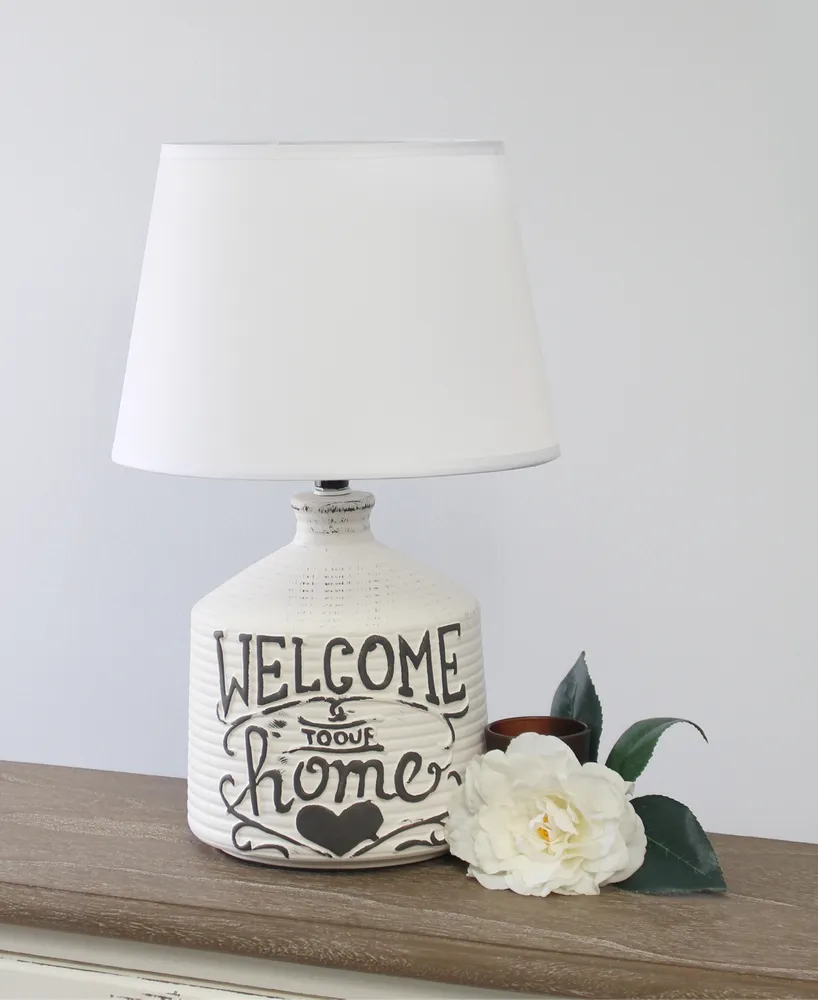 Simple Designs Welcome Home Rustic Ceramic Farmhouse Foyer Entryway Accent Table Lamp with Fabric Shade - Off