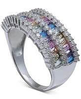 Cubic Zirconia Baguette Two Row Wavy Statement Ring Sterling Silver (Also Available Blue and Multi)