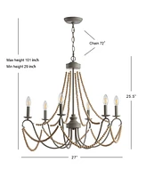 Rustica 6-Light 27" Adjustable Greige, Wood Bead Led Chandelier