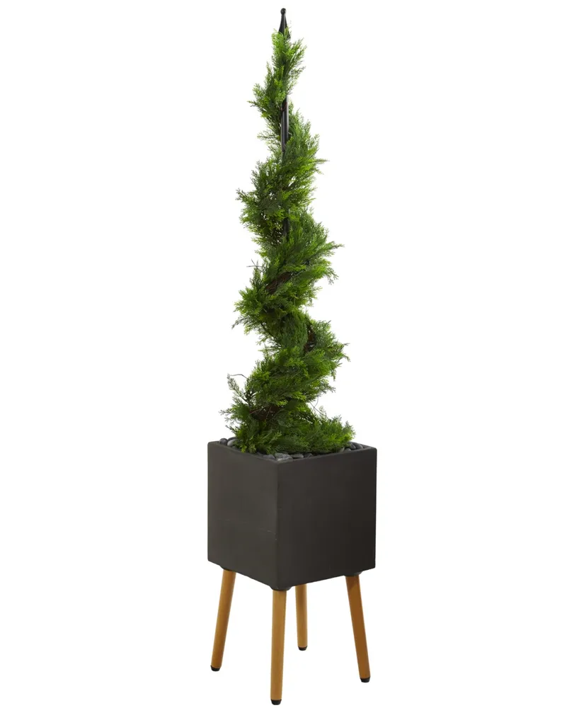 Nearly Natural 5.5ft. Cypress Artificial Spiral Topiary Tree in Black Planter with Stand