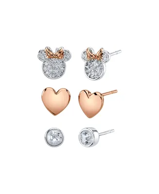 Three Pair Silver Plated Two Tone Rose Gold Minnie Mouse Earring Set with Rose Gold Heart and Bezel Cubic Zirconia Stud - Two