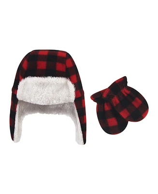 Hudson Baby Boys Fleece Trapper Hat and Mitten 2pc Set, Black White Plaid, 0-6 Months