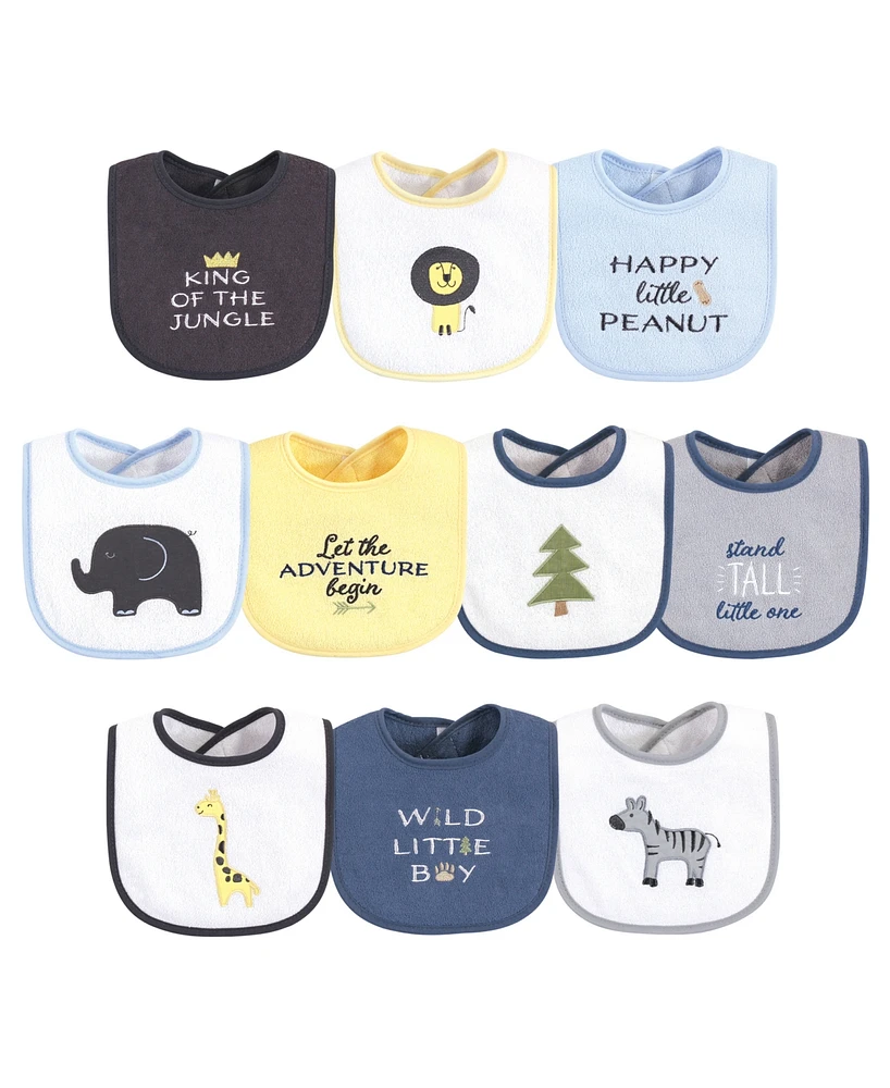 Hudson Baby Baby Boys Safari Terry Drooler Bibs with Fiber Filling, Pack of 10