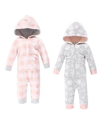 Hudson Baby Girls Fleece Jumpsuits, Coveralls, and Playsuits 2pk, Gray Pink Snowflake