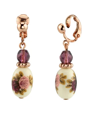 2028 Rose Gold Tone Purple Crystal Bead Flower Drop Clip Earrings