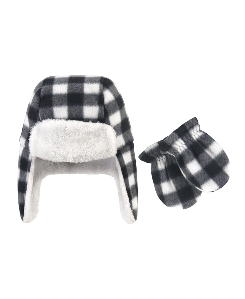 Hudson Baby Boys Fleece Trapper Hat and Mitten 2pc Set, Gray White Plaid, 0-6 Months