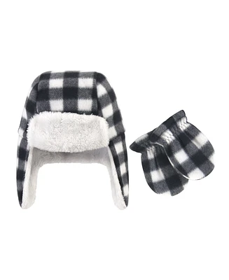Hudson Baby Boys Fleece Trapper Hat and Mitten 2pc Set, Gray White Plaid, 0-6 Months