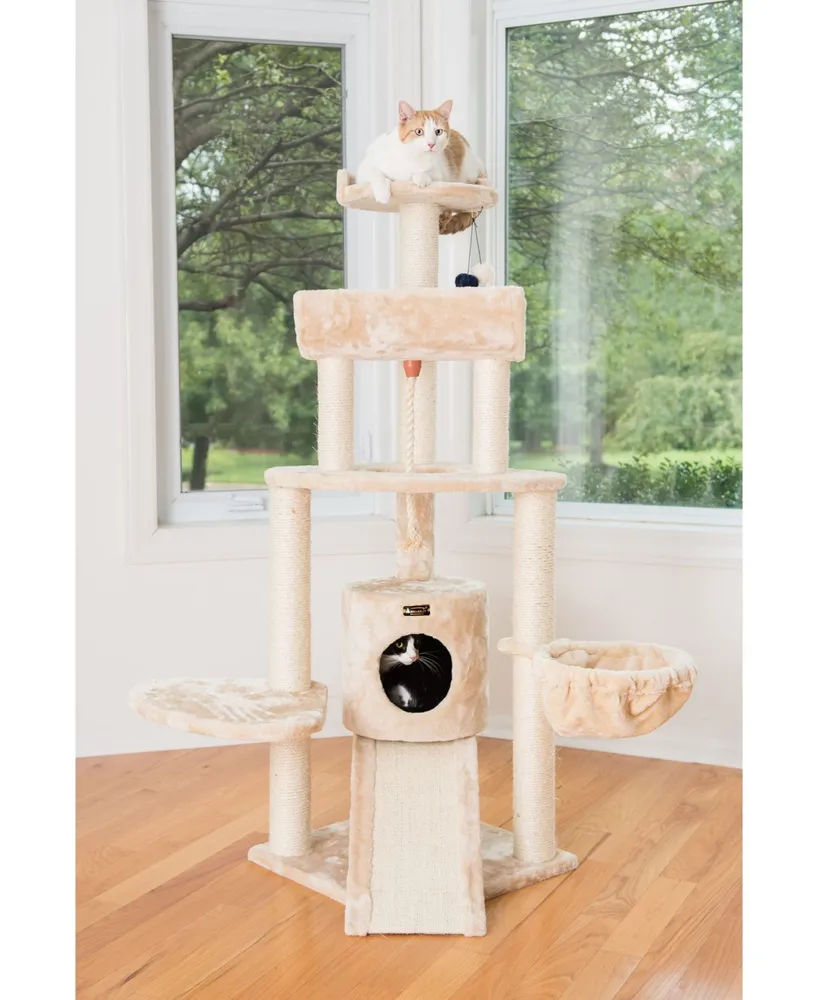 Armarkat Spacious Faux Fur Real Wood Cat Tower With Basket Lounge, Ramp