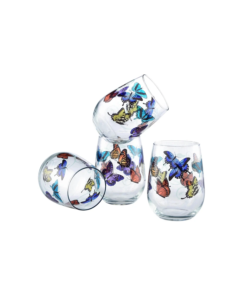 Culver Butterflies Stemless Wine Glass 15-Ounce Set of 4