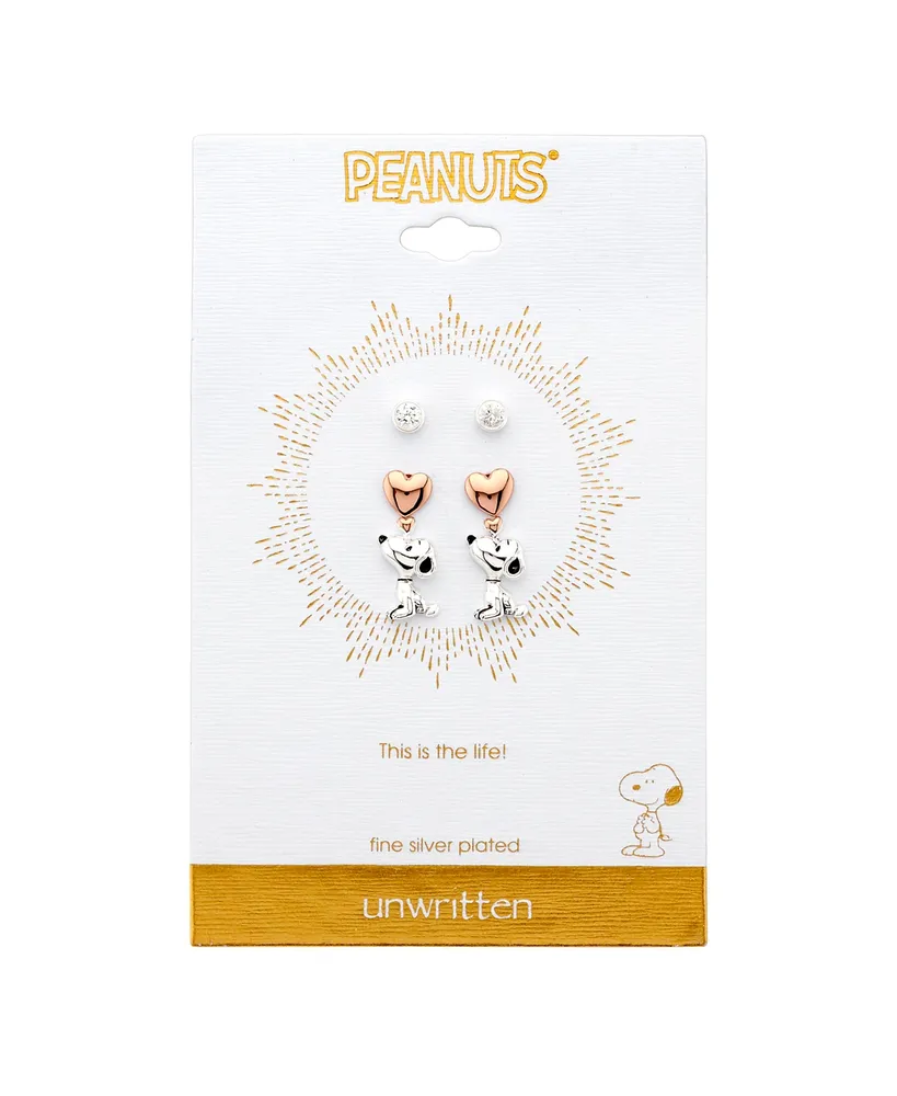 Unwritten Three Pair Silver Plated Snoopy Earring Set with Rose Gold Heart and Cz Bezel Stud - Two