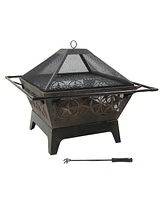 Sunnydaze Decor Northern Galaxy 32-Inch Heavy-Duty Square Fire Pit with Cooking Grill Grate, Spark Screen, and Fireplace Poker