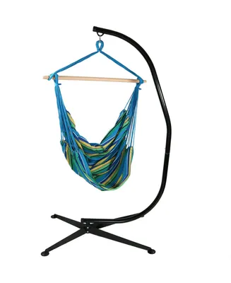 Extra Large Hanging Rope Hammock Chair with C-Stand - 300 Pound Capacity - Black Stand - Ocean Breeze