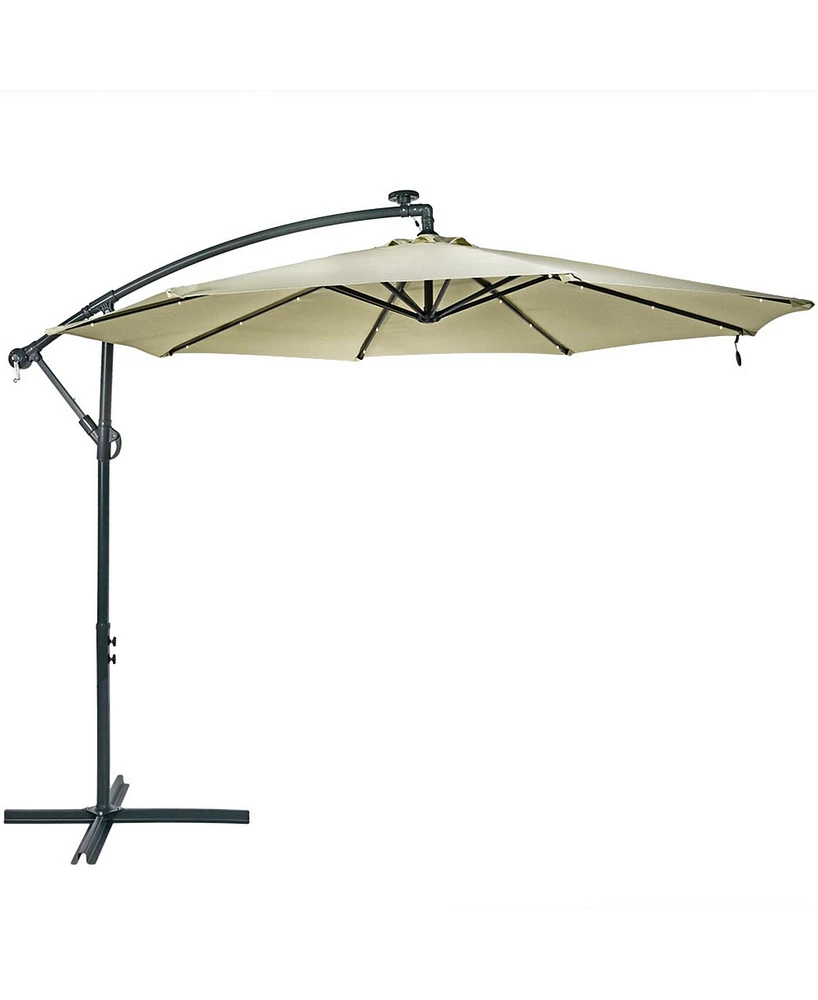 Sunnydaze Decor 10-Foot Offset Cantilever Solar Patio Umbrella - Features Outdoor Led Lights, Crank, and Cross Base Beige