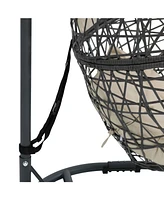 Caroline Hanging Egg Chair Swing with Steel Stand Set - Resin Wicker Basket Frame Includes Beige Cushions