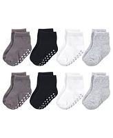 Touched by Nature Toddler Boys Cotton Socks with Non-Skid Gripper for Fall Resistance, Solid Black Blue, 2-4