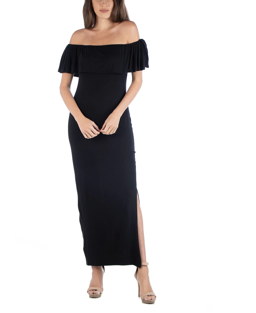 24seven Comfort Apparel Off Shoulder Ruffle Detail Maxi Dress