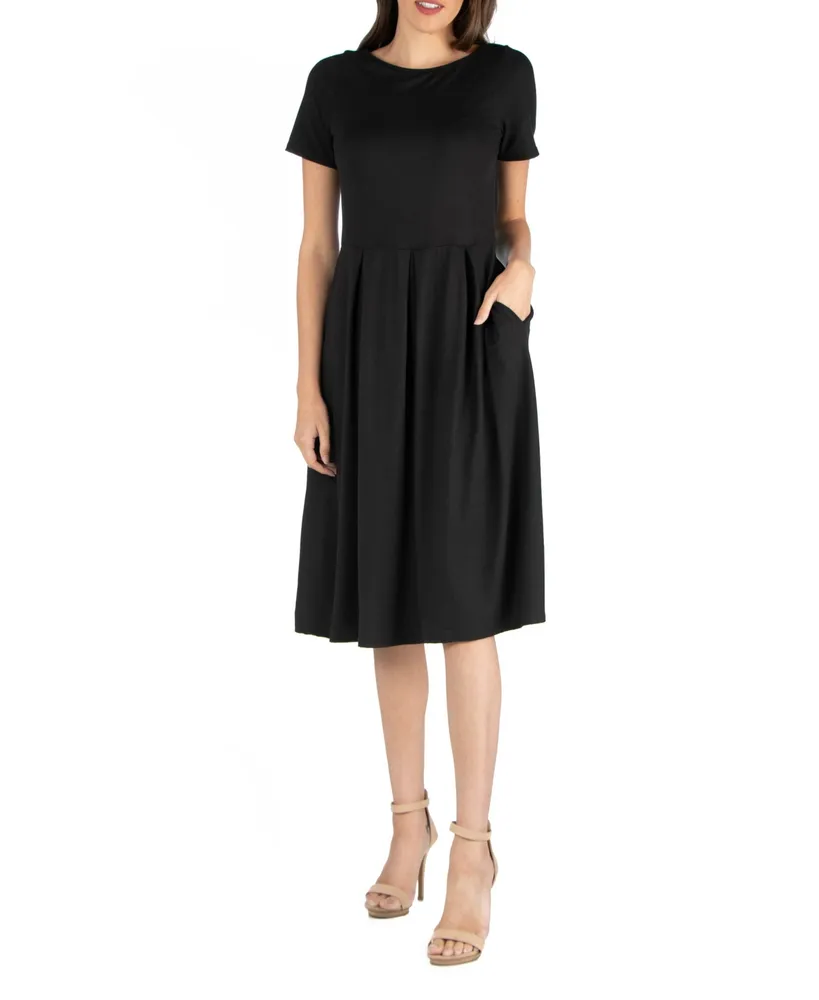 24seven Comfort Apparel Midi Dress with Short Sleeves and Pocket Detail