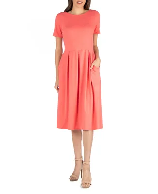 24seven Comfort Apparel Midi Dress with Short Sleeves and Pocket Detail