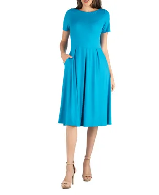 24seven Comfort Apparel Midi Dress with Short Sleeves and Pocket Detail