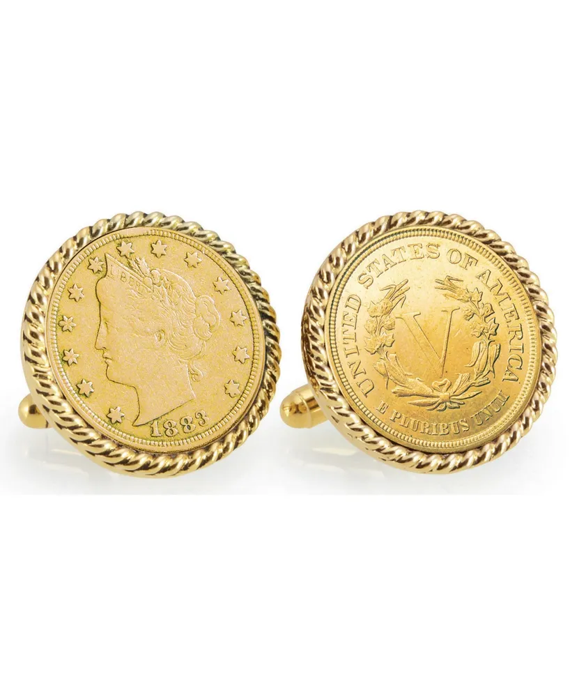 American Coin Treasures Gold-Layered 1883 First-Year-Of-Issue Liberty Nickel Rope Bezel Coin Cuff Links