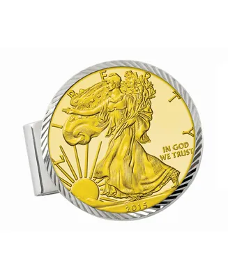 Men's American Coin Treasures Sterling Silver Diamond Cut Coin Money Clip with Gold-Layered American Silver Eagle Dollar