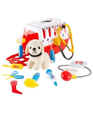 Hey Play Kids Veterinary Set With Animal Medical Supplies, Plush Dog And Carrier For Boys And Girls, 11 Piece
