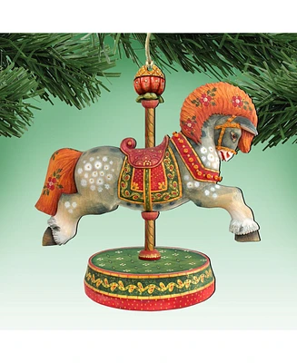 Designocracy White Arabian Carousel Horse Wooden Christmas Ornament, Set of 2