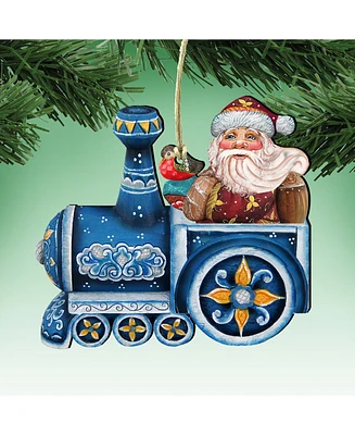 Designocracy Train Riding Santa Wooden Christmas Ornament Set of 2