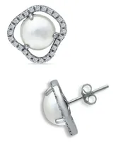 Imitation Pearl Cubic Zirconia Halo Button Earring in Silver Plate