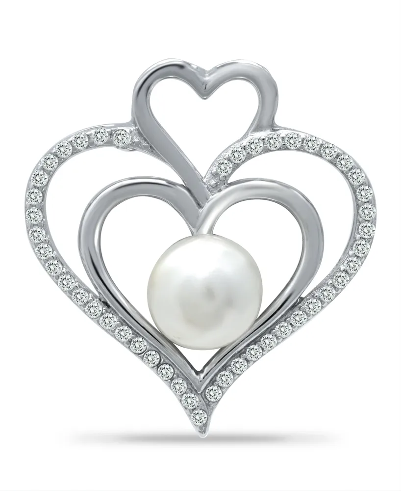 Imitation Pearl and Cubic Zirconia Pave Triple Heart Slide Pendant on in Silver Plate 18"