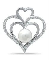 Imitation Pearl and Cubic Zirconia Pave Triple Heart Slide Pendant on in Silver Plate 18"