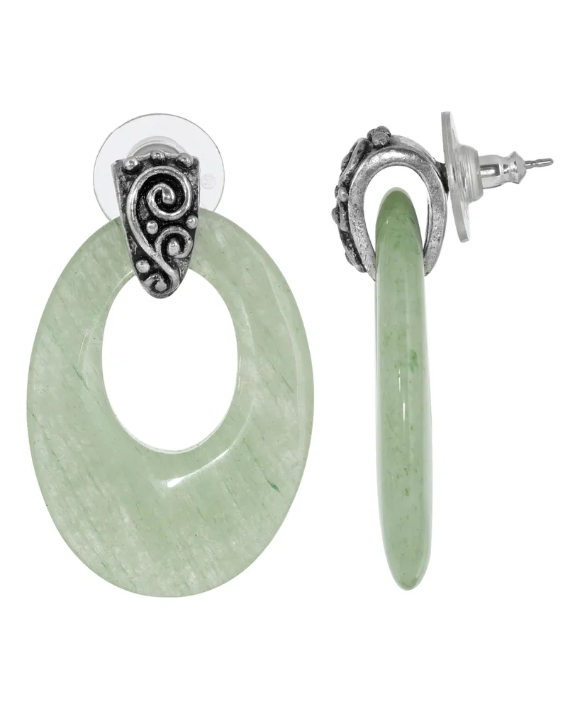 2028 Pewter Semi Precious Oval Aventurine Hoop Earrings