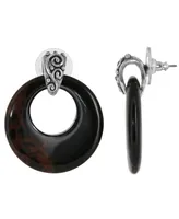 2028 Pewter Semi Precious Round Obsidian Hoop Earrings