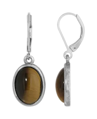 2028 Silver-Tone Semi Precious Tiger Eye Oval Drop Earrings
