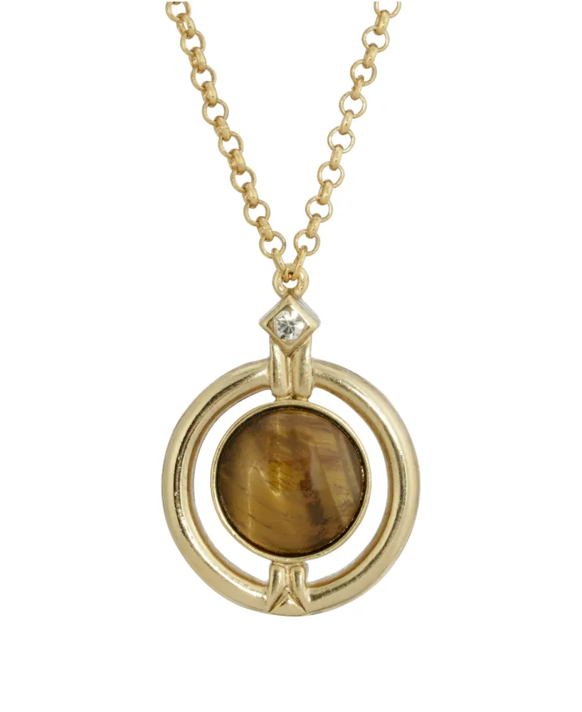 2028 Gold-Tone Round Tiger Eye Semi Precious Stone Necklace