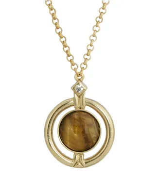 2028 Gold-Tone Round Tiger Eye Semi Precious Stone Necklace