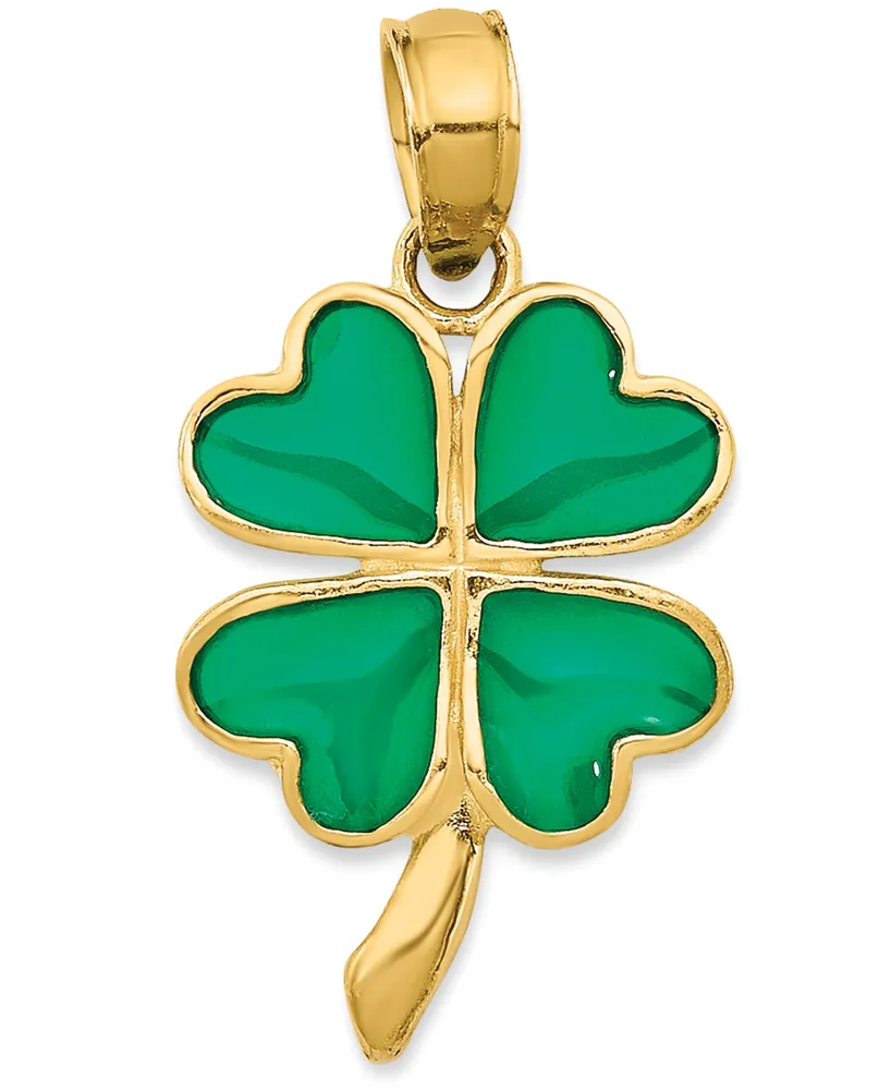 Four Leaf Green Enamel Charm Pendant in 14k Yellow Gold