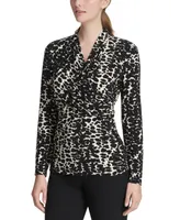 Dkny Women's Animal Print Matte Jersey Faux Wrap Top