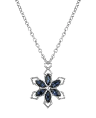 2028 Silver-Tone Crystal Sapphire Blue Color Stone Flower 16" Adjustable Necklace