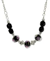 2028 Silver-Tone Black Floral Beaded Necklace